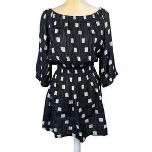 Ace & Jig Off Shoulder Cotton Gauze Mini Dress Black White Square Print Medium